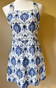 NWT Womens Santorini Bib Overall Mini Dress Sz S Blue White Damask Cottagecore - Picture 1 of 19