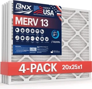 BNX 20x25x1 MERV 13 Furnace Air Filter, 4 Pack MADE IN USA HVAC AC Furnace - Picture 1 of 8