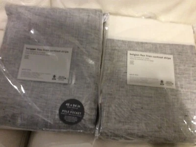 West Elm 2 Belgian Linen Contrast Stripe Curtains 48x84 Stone White & Slate Gray - Image 1 of 3