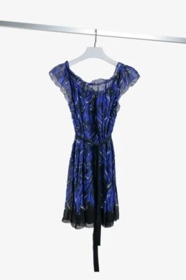 Vestido de seda azul estampado plátano Prada 2010, talla US 6 Foto 1 de 4