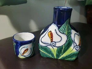 Mexican Decanter & Cup Talavera Blue Calla Lily / Alcatraz Flowers Puebla Art - Picture 1 of 9