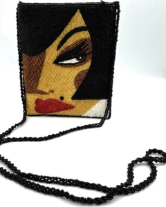 Vintage ART DECO Style Beaded Crossbody Designer Purse  ~   Chic Woman Face - Picture 1 of 16