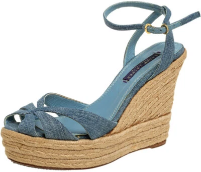 NEW Ralph Lauren FIRN Blue Denim Platform Espadrille Wedge Sandals Strap 9.5 - Image 1 of 4