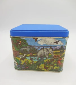 Vintage Potpourri Press Tin Box Blue Animals Panda Elephant Fox Giraffe - Picture 1 of 6