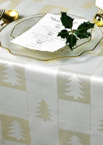 CHRISTMAS TREE TABLECLOTH Cream & Gold Damask Festive Xmas Design Easycare - Picture 1 of 1