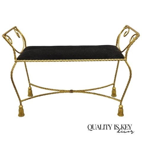 Vtg Italian Hollywood Regency Iron Rope & Tassel Gold Gilt Leaf Bench Black Seat Cover