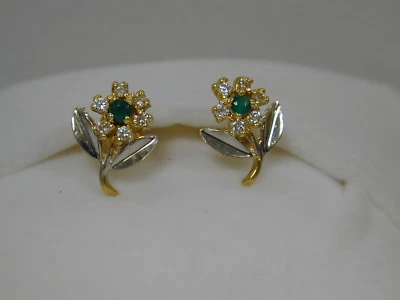 精美房地产定制 18K 2 色黄金天然EMERALD 和钻石花朵耳环 — 第 1/4 张图片