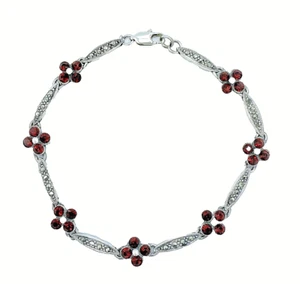 Sterling Silver & Marcasite Bracelet Flower Ruby Red Cubic Zirconia 925  - Picture 1 of 4