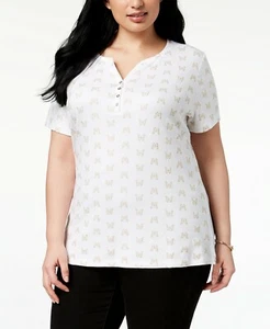 Karen Scott Top Womens Size 0X Cotton Blend Glitter-Printed Henley T-Shirt NEW - Picture 1 of 11