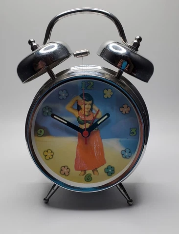 Hula Girl Clock Hawaiian Metal Analog ALARM NOT WORKING! 7"x 5" Battery Operated Cover