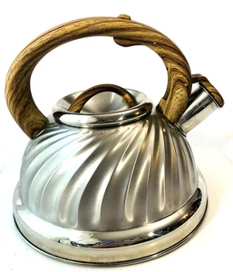 Studio Everyday Tea Kettle Stainless Steel Tea Pot w/Whistle Wood Grain Accent - Picture 1 of 9