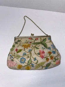 Vintage Blumen Garten Blumen Crewel handbestickt Leinen Handtasche Gold Kette Riemen - Bild 1 von 10