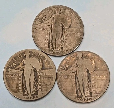 3 Lot US Coins  1926 P D S  Standing Liberty 25 C Quarter Year Set  90% Silver - Image 1 of 4