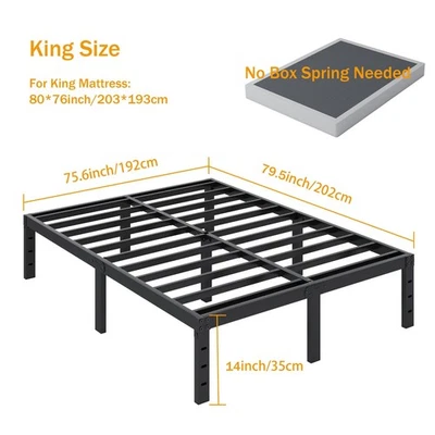 14 Inch King Size Metal Bed Frame - Heavy Duty Platform, No Box Spring, Black - Image 1 of 4