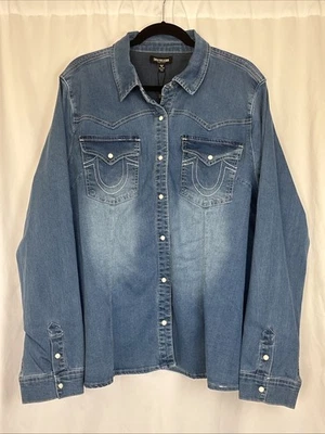 True Religion Women’s 3x Denim Western Shirt Long Sleeve Button Up Pearl Snap - Image 1 of 4