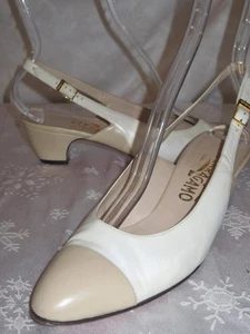 SALVATORE FERRAGAMO Womens WHITE Tan CAP TOE Leather SLINGBACK HEELS Shoes 8 AA - Picture 1 of 1