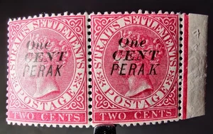 RARE PERAK MALAYA STAMPS 1887 QV 1c PAIR SG #33 & #39 SPACE BTWN A & K MINT OG - Picture 1 of 17