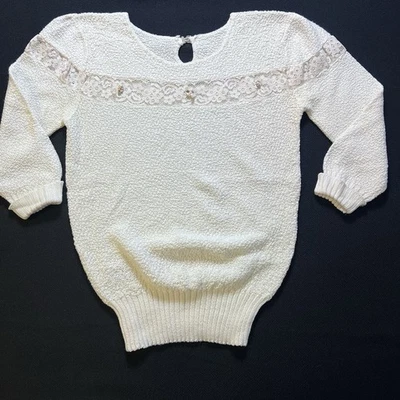 Suéter tejido canesú encaje Bean Sprout vintage años 80 blanco roto rosetas florales Foto 1 de 4