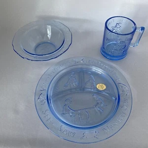 VTG Margery Daw Childs Nursery Rhyme Blue Glass Tiara Indiana Glass Dish 3pc Set - Picture 1 of 20