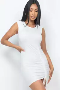 Women's Sleeveless Drawstring Ruched Soft Stretch Tank Top Mini Dress - White - Picture 1 of 1