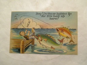 Postcard Comic exaggerated Boy do these babies go live bait Fish Fishing - Picture 1 of 2