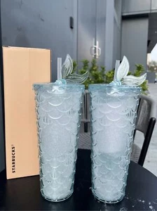 New Starbucks China Shiny Light Blue Fish scale Tumbler 24oz Venti Cold Cup - Picture 1 of 5