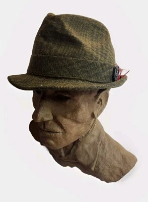 Vintage Green Fedora Plaid Feathered Hat PELLON Wool 1960s Sport-Setter 7 1/2 - Image 1 of 4