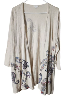 J Jill Womens L Open Cardigan Tunic Sweater Paisley Beige 3/4 Sleeve - Image 1 of 4