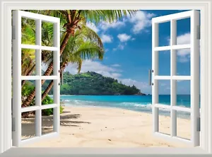 Calcomanía de pared Beach Island 3D pegatina ventana falsa póster mural arte fondo de pantalla océano - Imagen 1 de 6