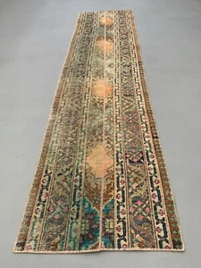 Distressed Turkish Narrow Runner 270x67 cm wool Vintage Tribal Rug - Picture 1 of 11