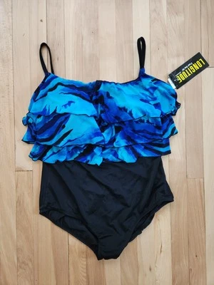 NUEVO Traje de baño Longitude 22W azul abstracto negro con volantes nivel superior de una pieza Plus Foto 1 de 4