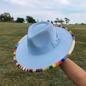 Hand Beaded Authentic Native American Sioux Wool Felt Fidora Hat BB Blue W/ Bow - Picture 1 of 2