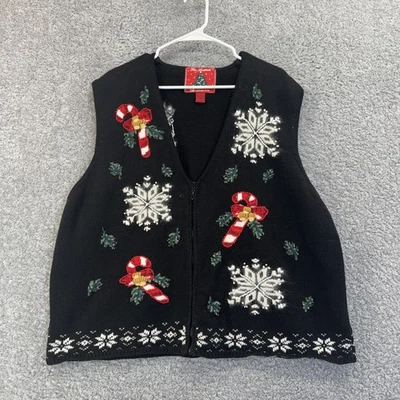 Chaleco Suéter Vintage The Avenue Mujer 3XL Negro Navidad Cremallera Feo 1996 Años 90 Foto 1 de 4