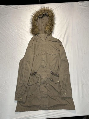 Liz Claiborne Jacket Womens Petite Medium Khaki Hooded Parka Anorak Faux Fur - Image 1 of 4