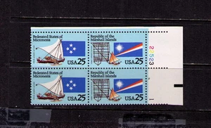 US USA Sc# 2507a MNH FVF PLATE # BLOCK Micronesia Marshall Isl Flags Boat Canoe - Picture 1 of 1