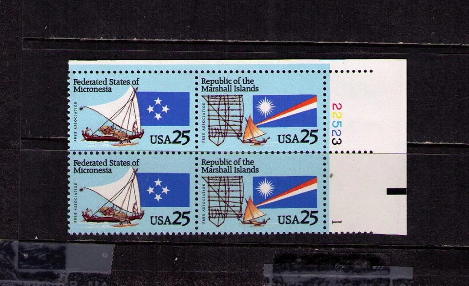 US USA Sc# 2507a MNH FVF PLATE # BLOCK Micronesia Marshall Isl Flags Boat Canoe - Image 1 of 1