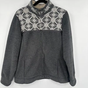 L.L.Bean Nordic Fleece Jacket Womens L Gray Fair Isle Print Long Sleeve Full Zip - Picture 1 of 9
