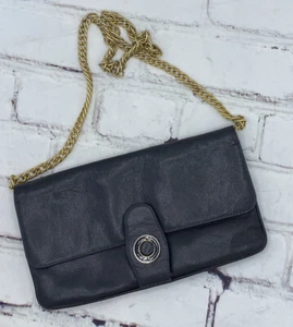Greta Made In Italy Navy Clutch with Gold Chain Yellow Interior Handbag Vintage - Picture 1 of 8