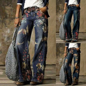 UK Women Ladies Floral Denim Jeans High-Waist Bell-bottom Wide Leg Street Pants - Picture 1 of 16