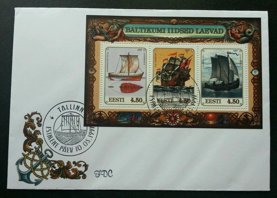 [SJ] Estonia Latvia Lithuania Joint Issue Historical Ship 1997 Sailboat (FDC) - Image 1 of 4