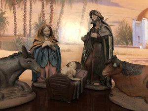 Krippenfiguren Puig Barcelona, Hlg. Familie mit Ochs und Esel, 13cm, handbemalt. - Bild 1 von 12