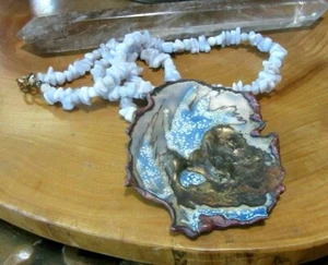 Anita Silverstein Copper Enamel pendant necklace. Blue agate, white - Picture 1 of 7