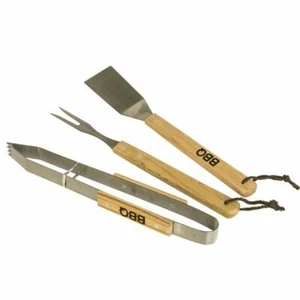 Set 3 pezzi utensili barbecue legno metallo barbecue cottura griglia forchetta spatola pinza utensile - Foto 1 di 6