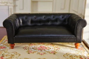 1/12 Furniture Long Sofa Office Sofa Leather Black Handmade Exquisite Deluxe - Picture 1 of 3