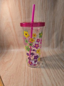 Plastic Tumbler New PINK YELLOW FLOWERS 30oz - Picture 1 of 6