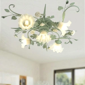 Pastoral Ceramic Flush Mount Ceiling Lamp Frosted Glass Green Leaf Ceiling Light - Picture 1 of 12