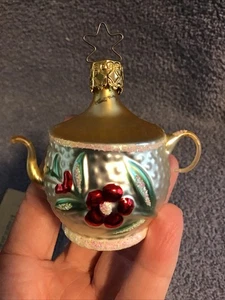 Vtg Blown Glass Teapot Christmas Ornament Made In Germany Red Floral Tea Pot - Picture 1 of 10