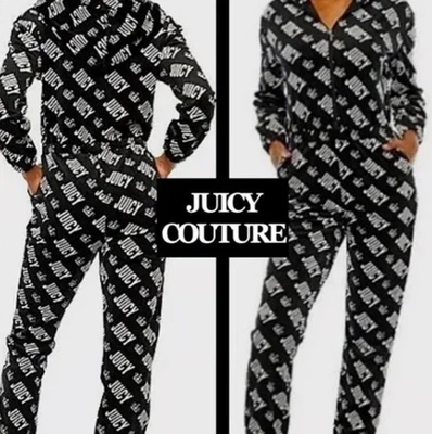 Juicy by Juicy Couture Black White Hooded Velour Jumpsuit Size XL - Image 1 of 4