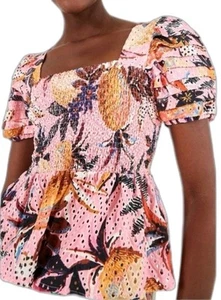 FARM Rio Pink Pineapple tropical Smocked puff sleeve eyelet babydoll top M NWT - Picture 1 of 15