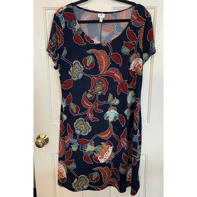 Dress Barn Womens Dress Size 1X Short Sleeve Scoop Neck Floral Blue Red Orange - Image 1 of 4